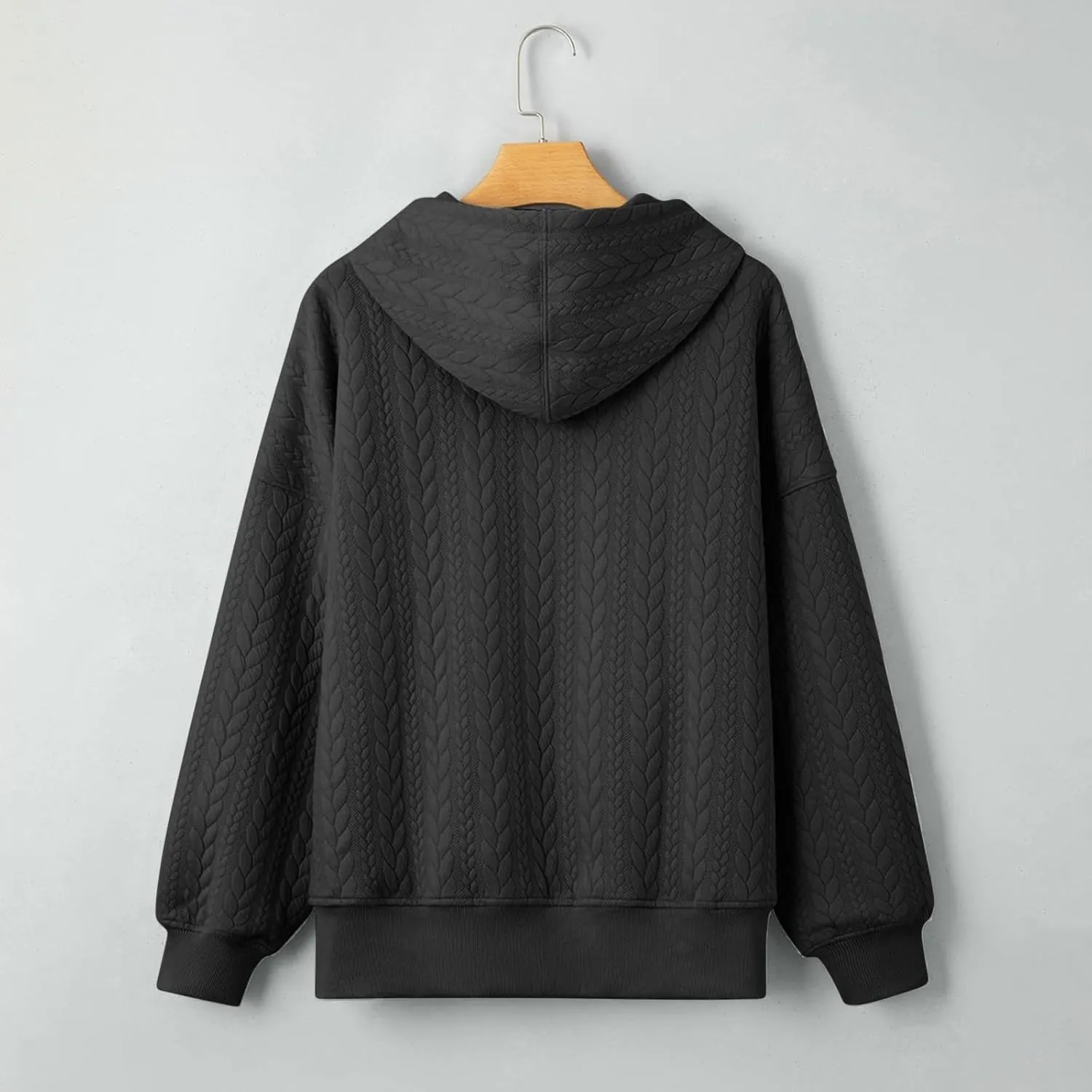 Womens Fall Oversized Hoodie Casual Long Sleeve Drawstring Quilted Pullover Tops Solid Hooded Sweatshirt with Pockets