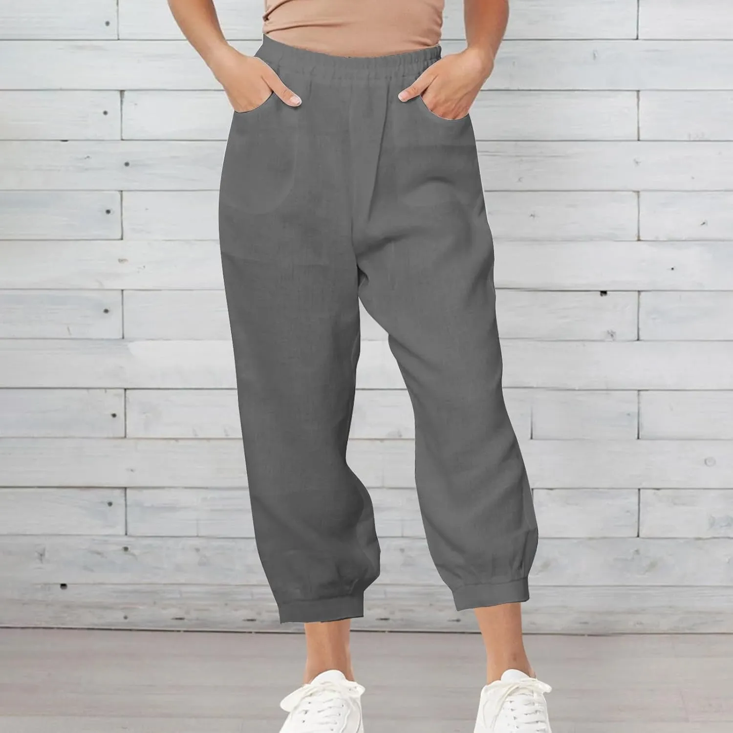 Women's High Waist Cotton Linen Cropped Pant, Summer Casual Baggy Sports Joggers Elastic Waist Trousers with Pockets
