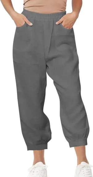 Women's High Waist Cotton Linen Cropped Pant, Summer Casual Baggy Sports Joggers Elastic Waist Trousers with Pockets