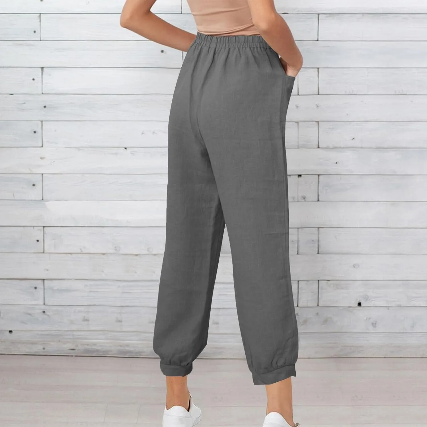 Women's High Waist Cotton Linen Cropped Pant, Summer Casual Baggy Sports Joggers Elastic Waist Trousers with Pockets