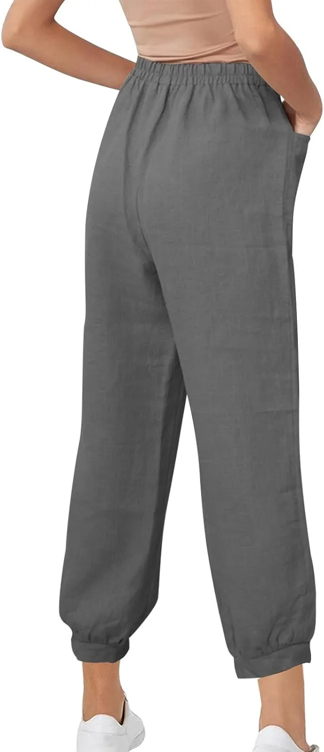 Women's High Waist Cotton Linen Cropped Pant, Summer Casual Baggy Sports Joggers Elastic Waist Trousers with Pockets