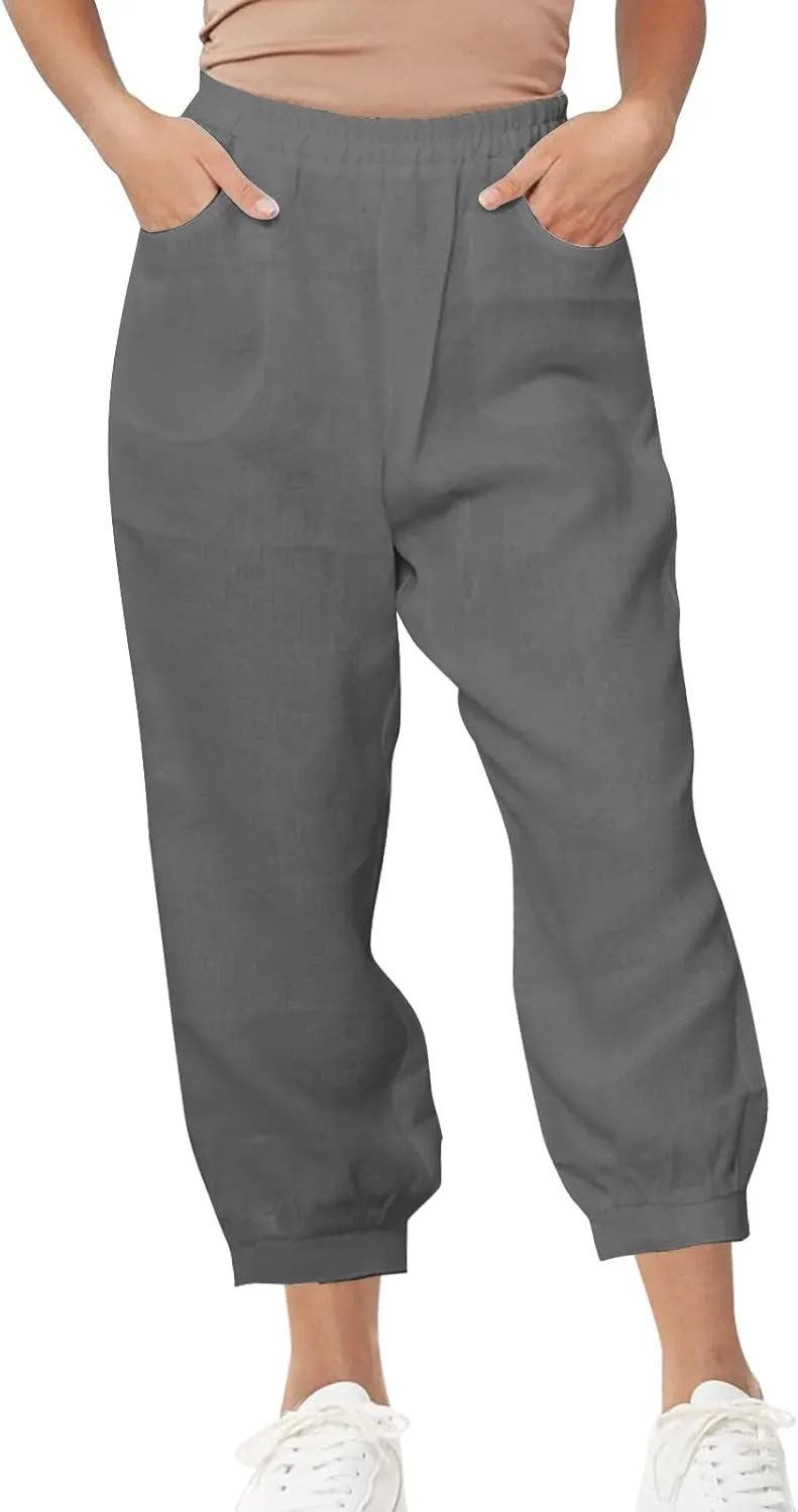 Women's High Waist Cotton Linen Cropped Pant, Summer Casual Baggy Sports Joggers Elastic Waist Trousers with Pockets