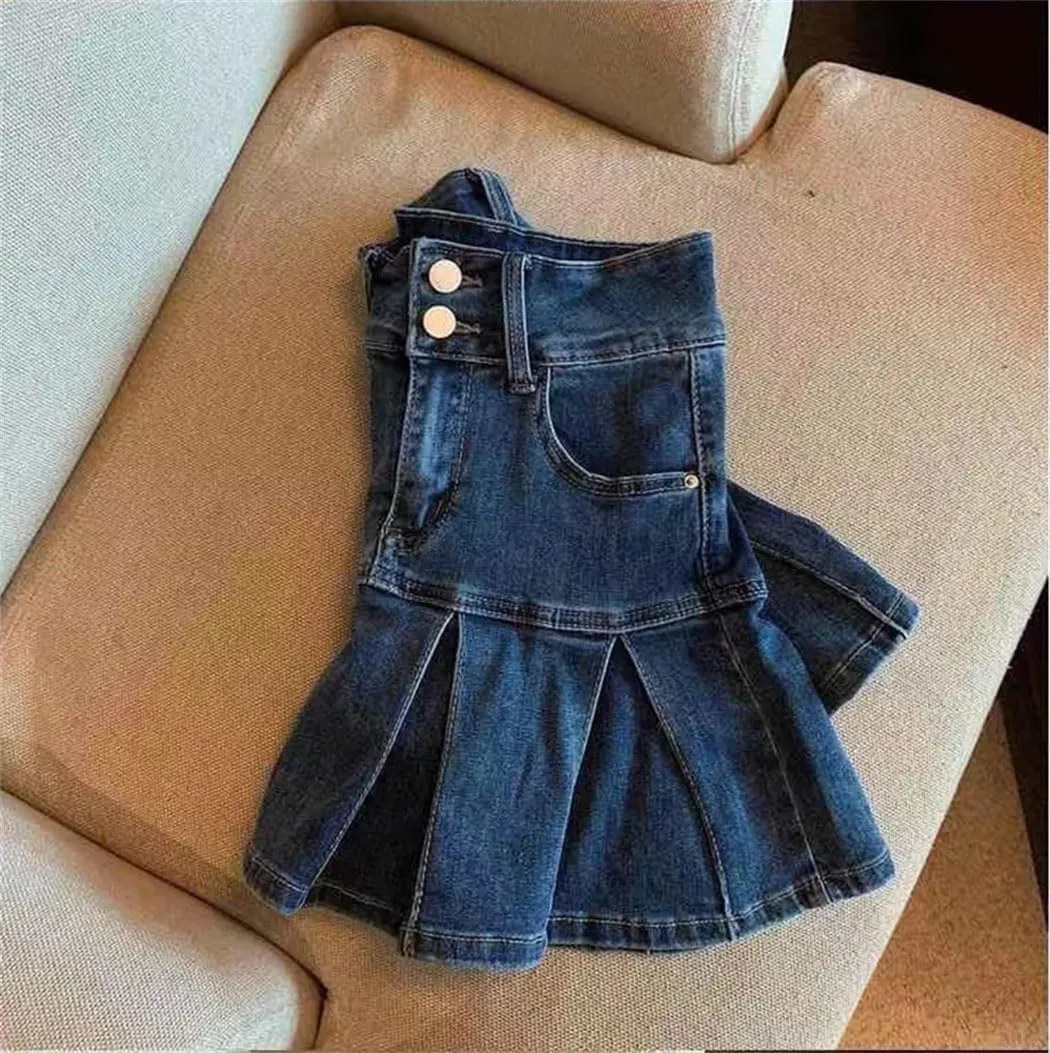 Women's High Waisted Vintage Blue Denim Skirt - Pleated A-Line Wrap Style with Flared Hem Slim Fit Skirts