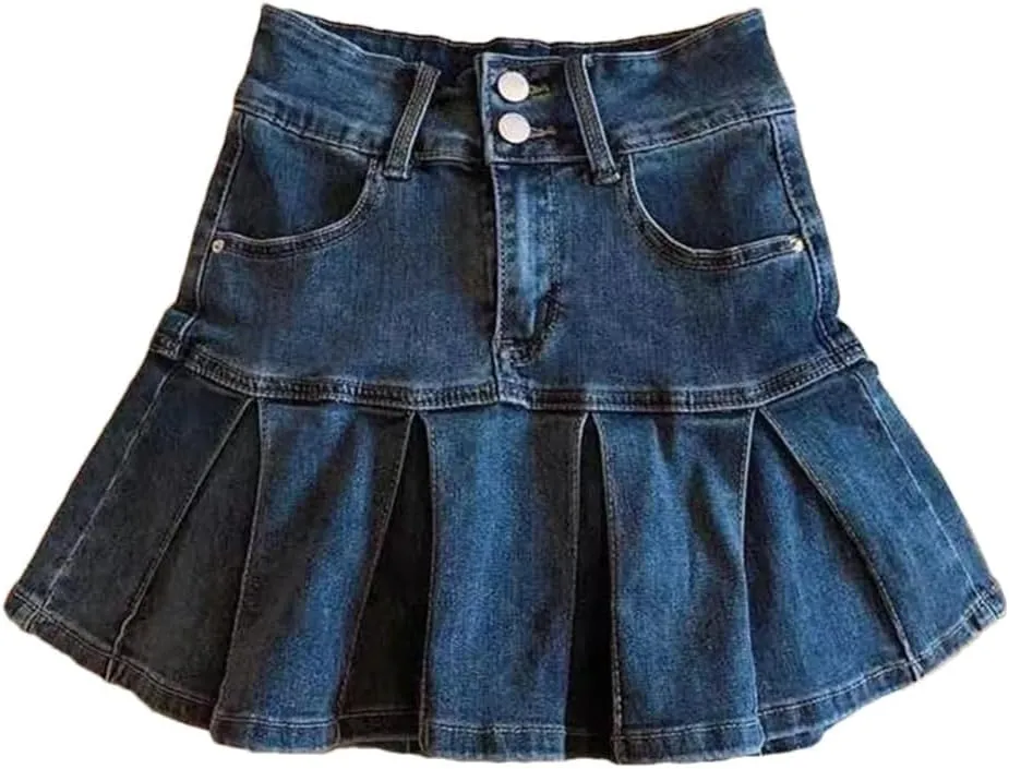 Women's High Waisted Vintage Blue Denim Skirt - Pleated A-Line Wrap Style with Flared Hem Slim Fit Skirts
