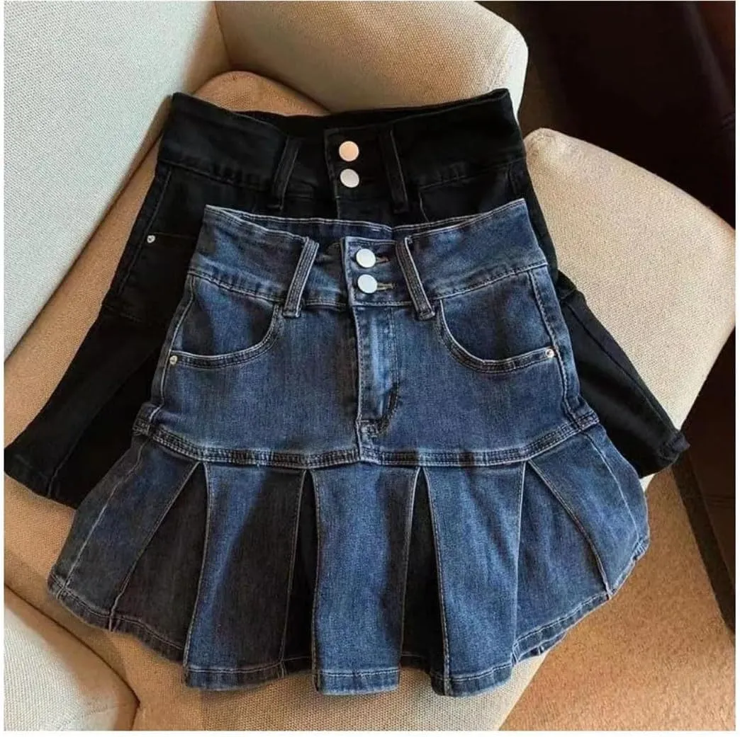 Women's High Waisted Vintage Blue Denim Skirt - Pleated A-Line Wrap Style with Flared Hem Slim Fit Skirts