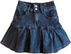Women's High Waisted Vintage Blue Denim Skirt - Pleated A-Line Wrap Style with Flared Hem Slim Fit Skirts