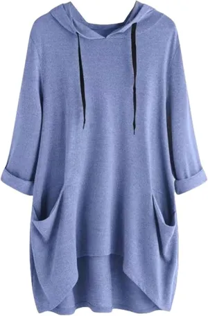 Women's Hooded Solid Color Loose Sweatshirt Irregular Pocket Top, Oversized Ladies Tops Long Sleeve