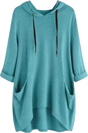 Women's Hooded Solid Color Loose Sweatshirt Irregular Pocket Top, Oversized Ladies Tops Long Sleeve