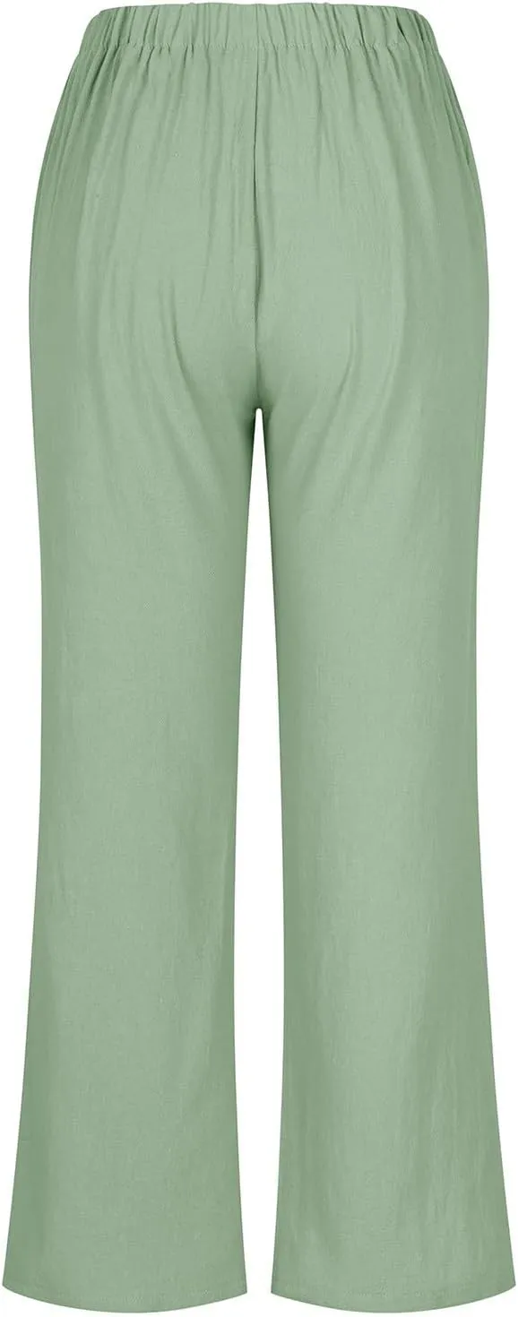 Women's Linen Blend Drawstring Wide Leg Pant Baggy Pants with Elastic Waist Relax Fit Lantern Trouser 2024 Summer Pants