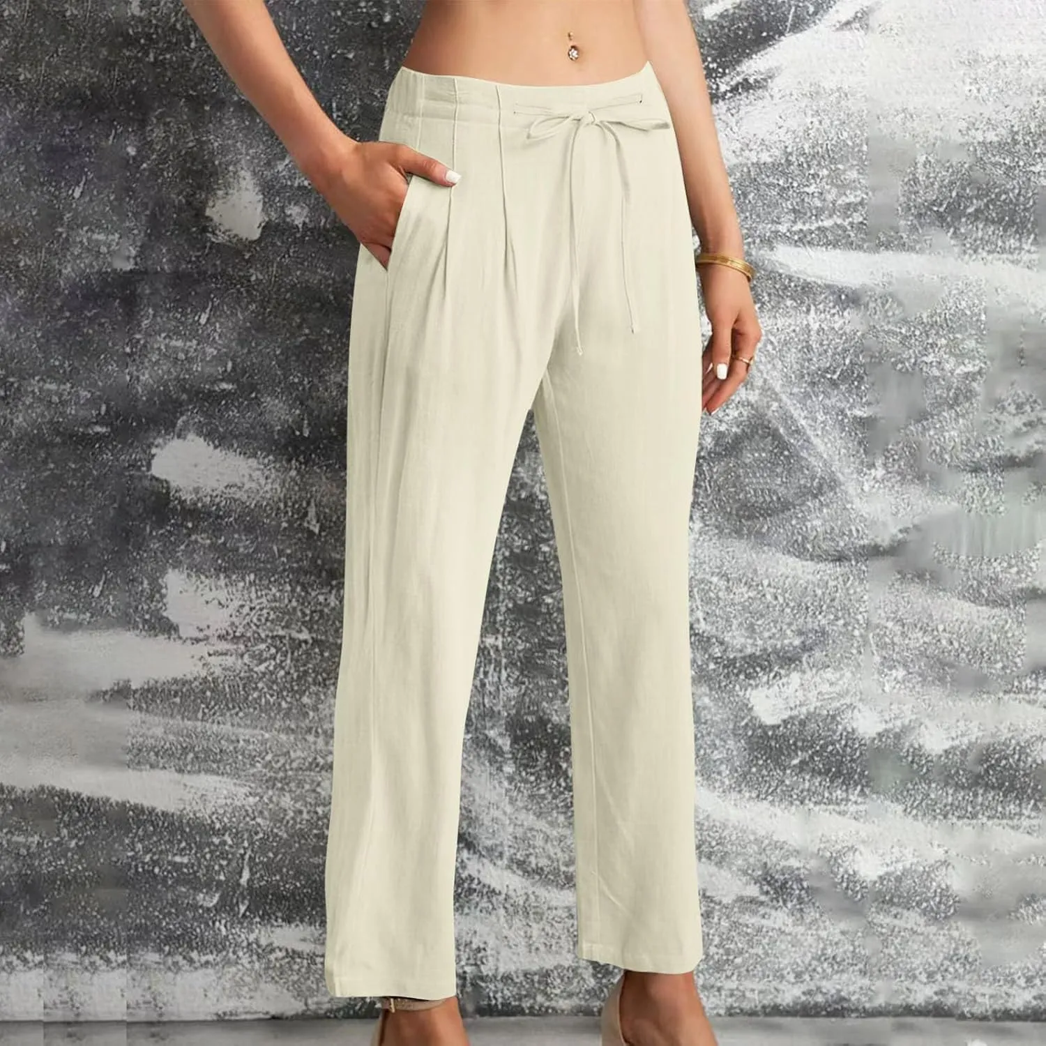 Women's Linen Blend Drawstring Wide Leg Pant Baggy Pants with Elastic Waist Relax Fit Lantern Trouser 2024 Summer Pants