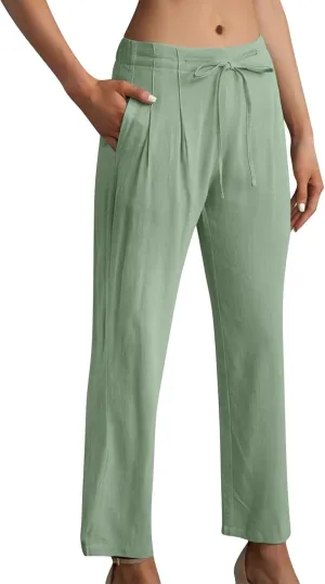 Women's Linen Blend Drawstring Wide Leg Pant Baggy Pants with Elastic Waist Relax Fit Lantern Trouser 2024 Summer Pants