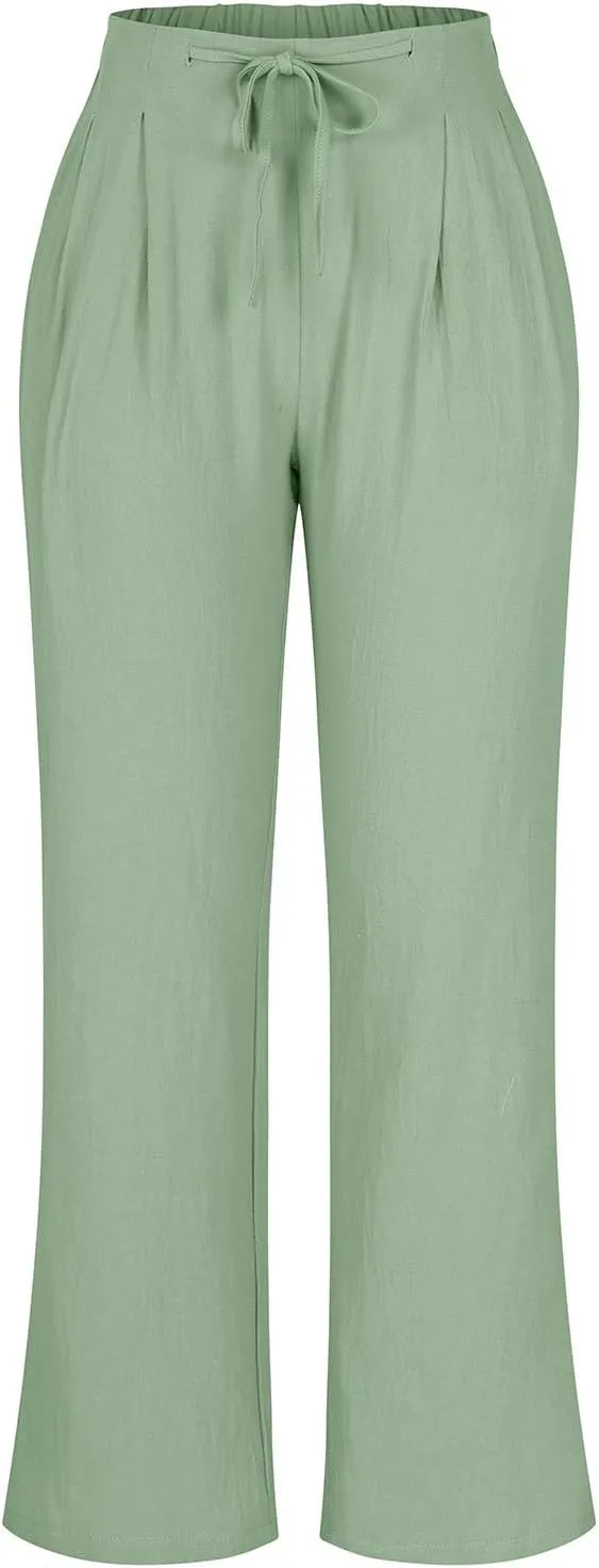 Women's Linen Blend Drawstring Wide Leg Pant Baggy Pants with Elastic Waist Relax Fit Lantern Trouser 2024 Summer Pants