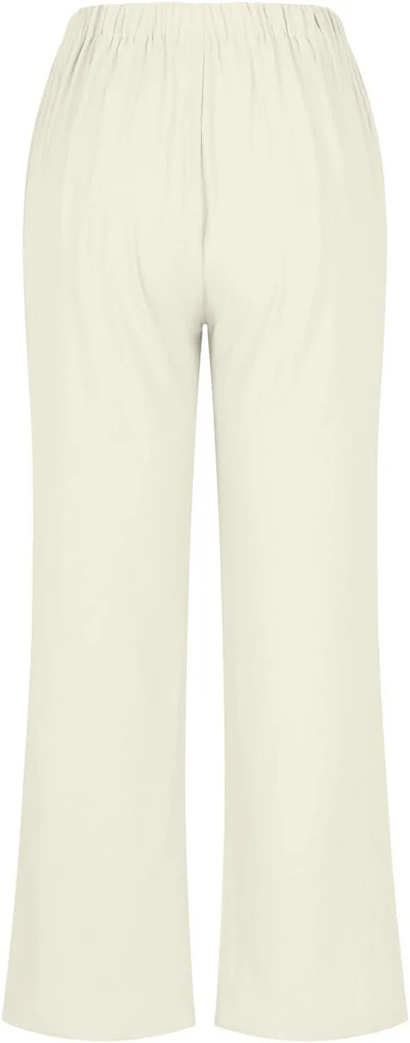 Women's Linen Blend Drawstring Wide Leg Pant Baggy Pants with Elastic Waist Relax Fit Lantern Trouser 2024 Summer Pants