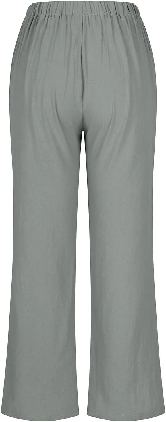 Women's Linen Blend Drawstring Wide Leg Pant Baggy Pants with Elastic Waist Relax Fit Lantern Trouser 2024 Summer Pants