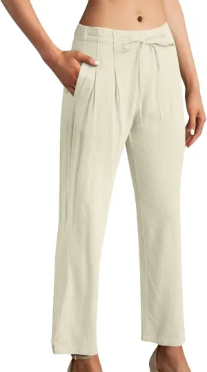 Women's Linen Blend Drawstring Wide Leg Pant Baggy Pants with Elastic Waist Relax Fit Lantern Trouser 2024 Summer Pants
