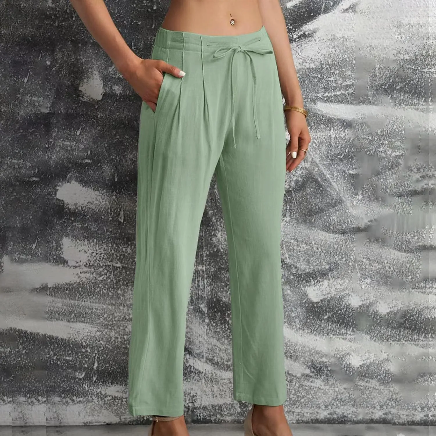 Women's Linen Blend Drawstring Wide Leg Pant Baggy Pants with Elastic Waist Relax Fit Lantern Trouser 2024 Summer Pants
