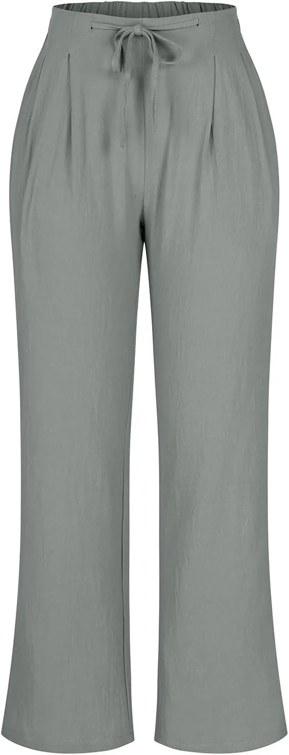 Women's Linen Blend Drawstring Wide Leg Pant Baggy Pants with Elastic Waist Relax Fit Lantern Trouser 2024 Summer Pants