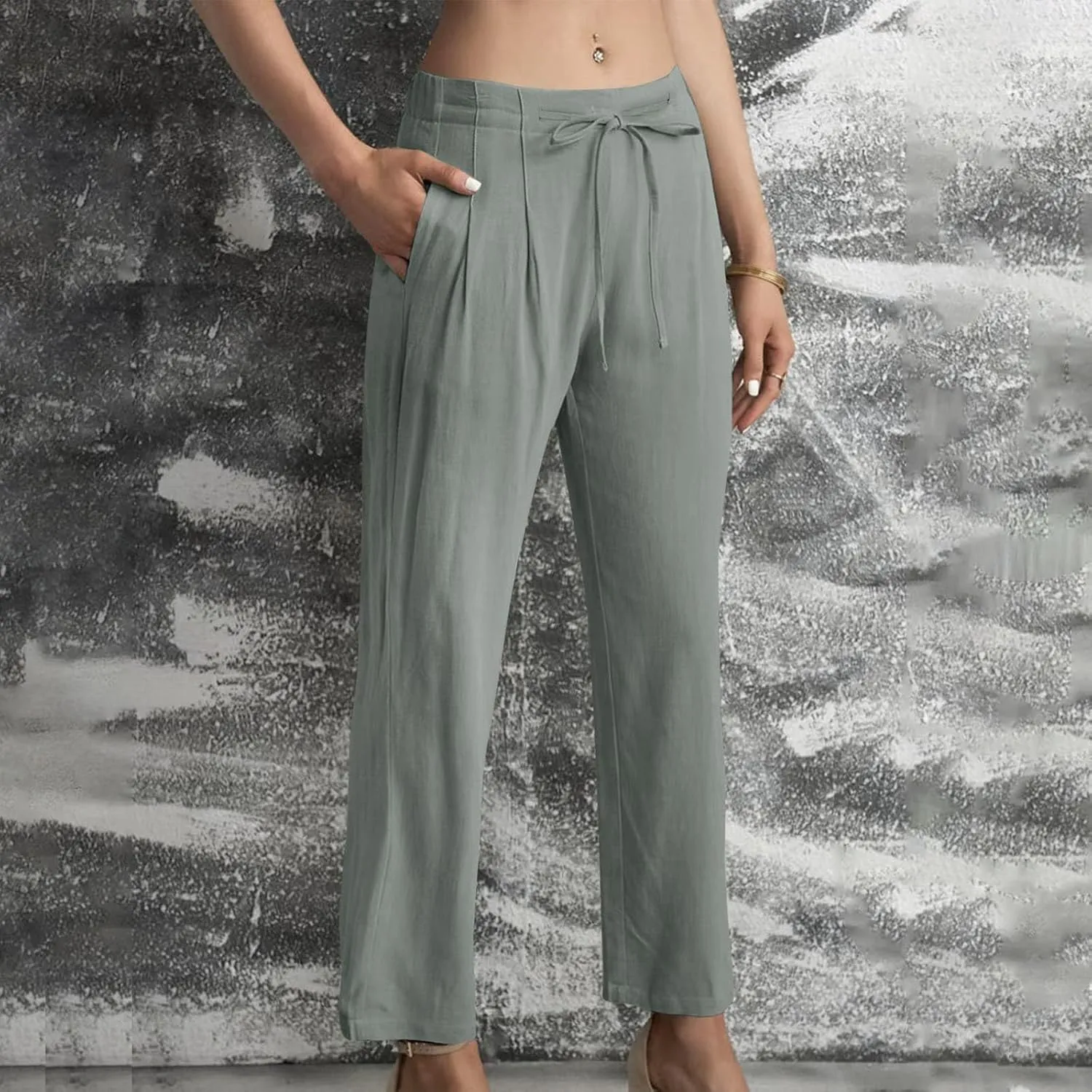 Women's Linen Blend Drawstring Wide Leg Pant Baggy Pants with Elastic Waist Relax Fit Lantern Trouser 2024 Summer Pants