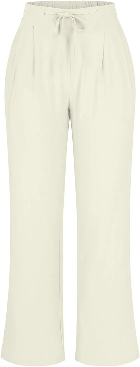 Women's Linen Blend Drawstring Wide Leg Pant Baggy Pants with Elastic Waist Relax Fit Lantern Trouser 2024 Summer Pants