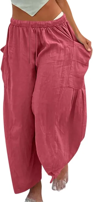 Women's Linen Wide Leg Baggy Pants 2024 Summer Casual Elastic Waisted Drawstring Beach Palazzo Harem Pants Trousers
