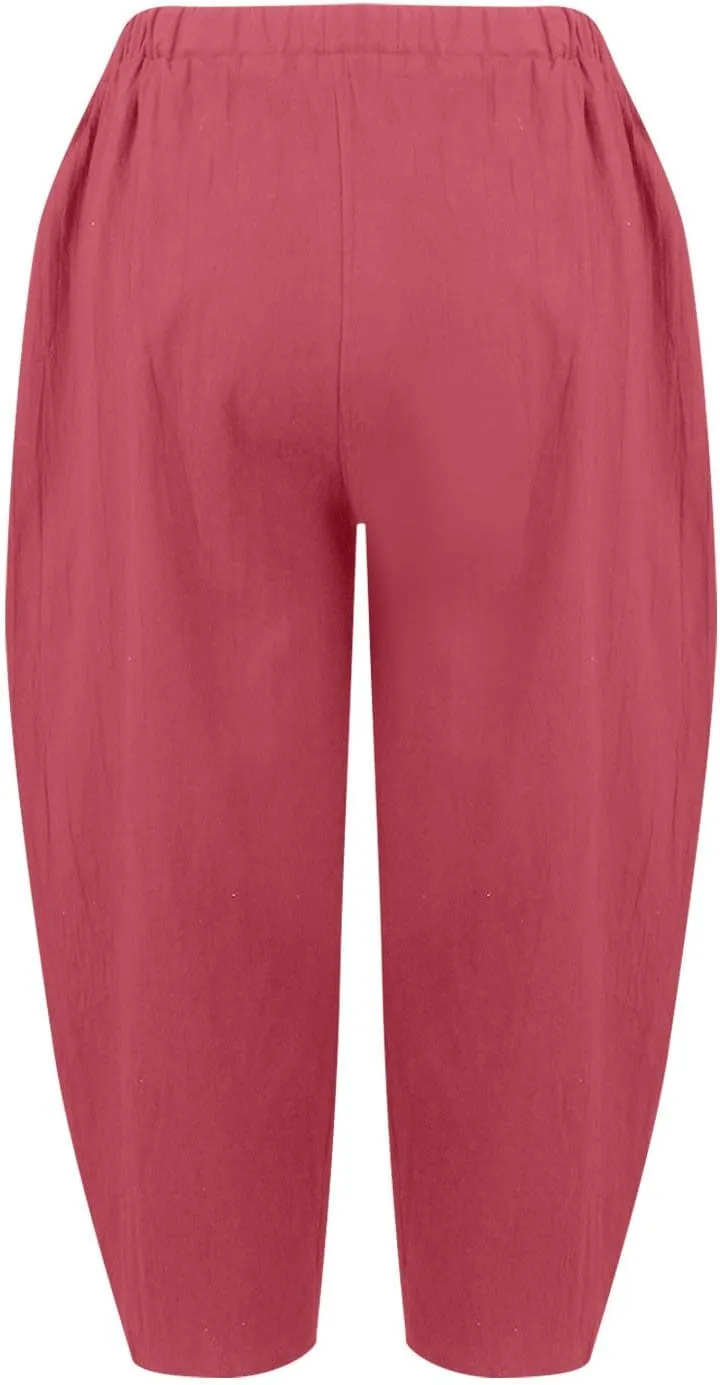 Women's Linen Wide Leg Baggy Pants 2024 Summer Casual Elastic Waisted Drawstring Beach Palazzo Harem Pants Trousers