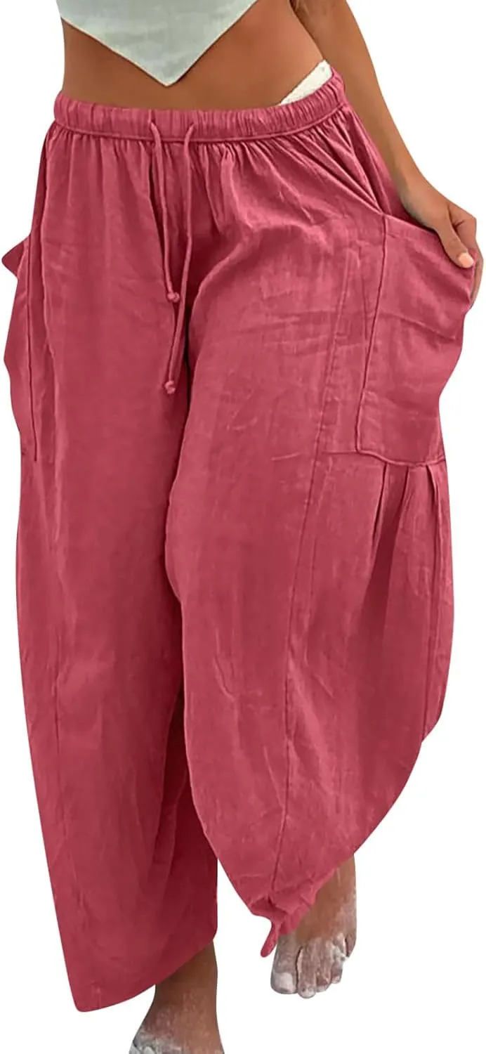 Women's Linen Wide Leg Baggy Pants 2024 Summer Casual Elastic Waisted Drawstring Beach Palazzo Harem Pants Trousers