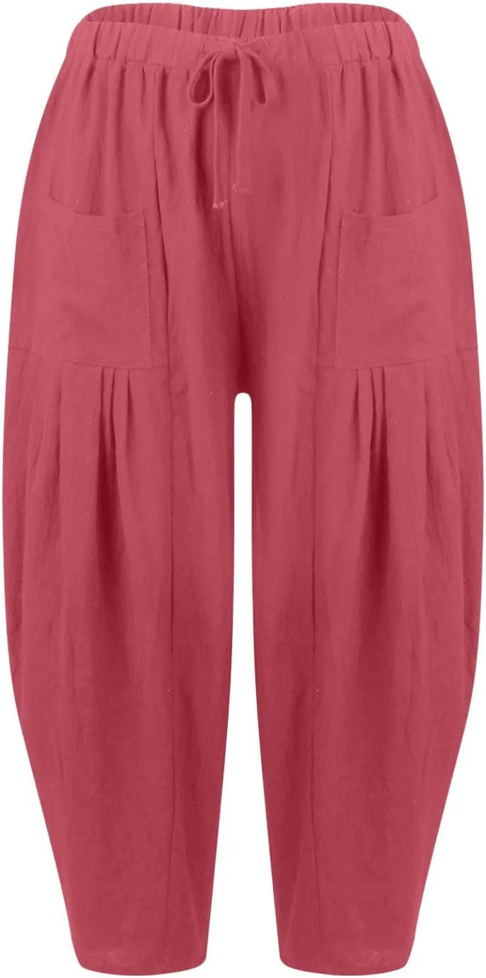 Women's Linen Wide Leg Baggy Pants 2024 Summer Casual Elastic Waisted Drawstring Beach Palazzo Harem Pants Trousers