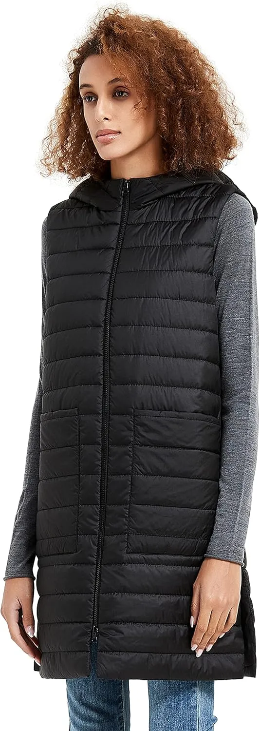 Womens Long Puffer Vest Lightweight Down Quilted Cap Sleeve Jacket with Pockets