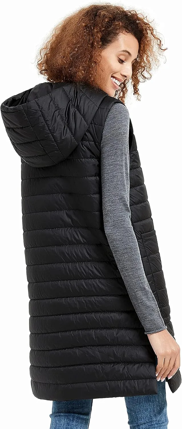 Womens Long Puffer Vest Lightweight Down Quilted Cap Sleeve Jacket with Pockets
