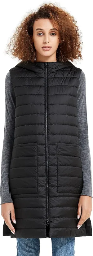 Womens Long Puffer Vest Lightweight Down Quilted Cap Sleeve Jacket with Pockets