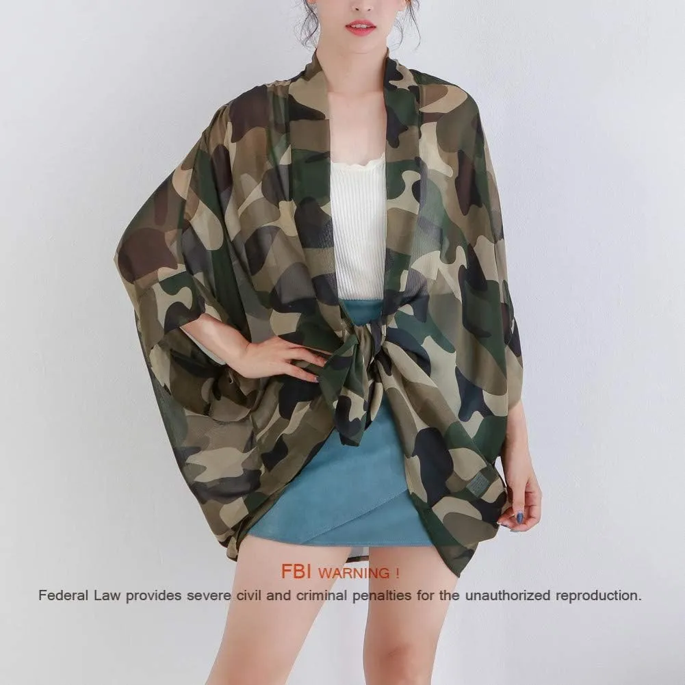 Women's Loose Print Sheer Chiffon Kimono Beach Swim Cover up Cardigan Capes Blouse Tops