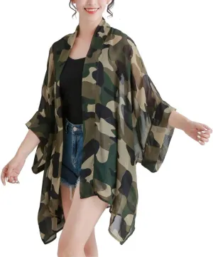 Women's Loose Print Sheer Chiffon Kimono Beach Swim Cover up Cardigan Capes Blouse Tops