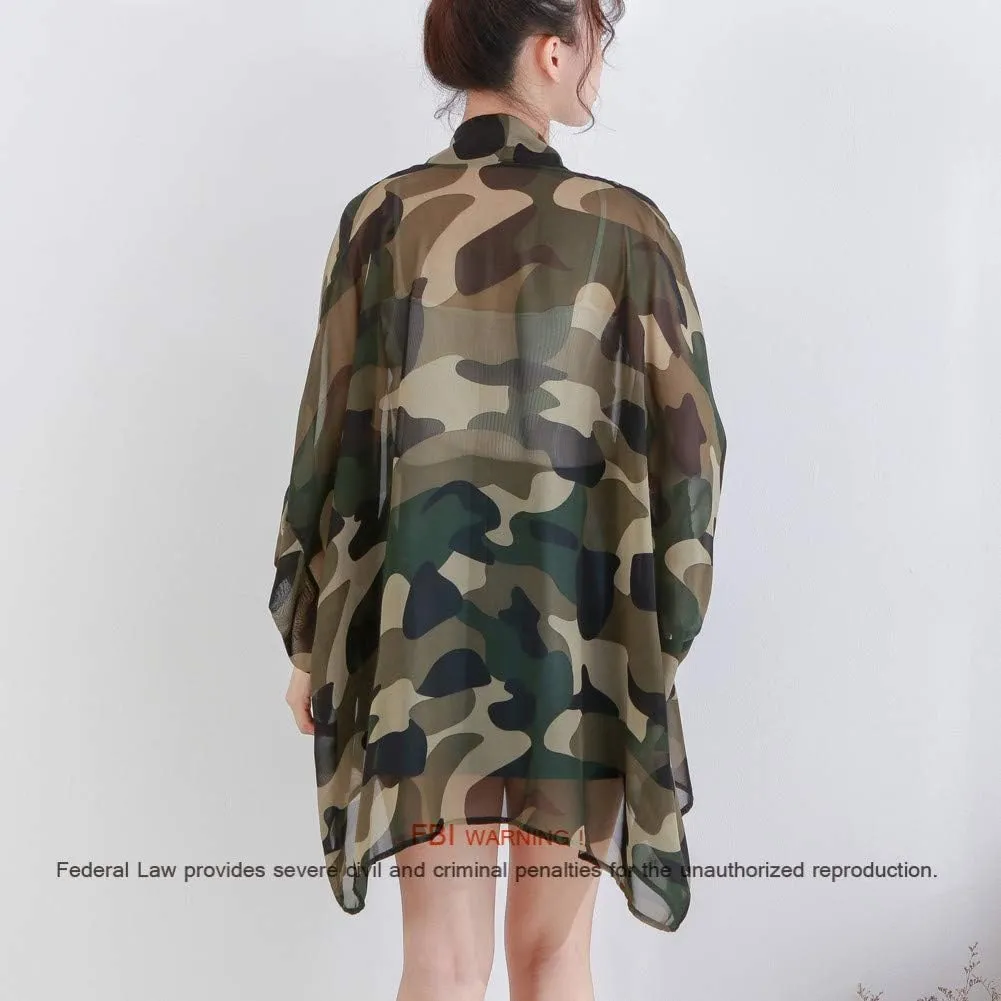Women's Loose Print Sheer Chiffon Kimono Beach Swim Cover up Cardigan Capes Blouse Tops