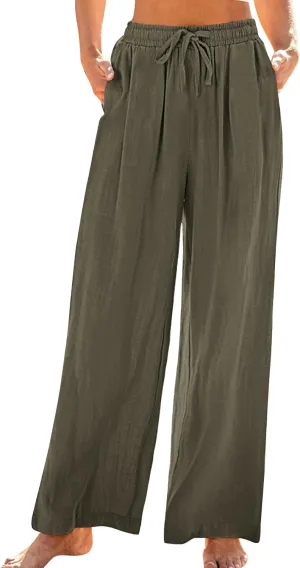 Women's Loose Wide Leg Casual Pant, Summer Cotton Linen Trendy Clothes Drawstring Pockets Basic Daily Trousers