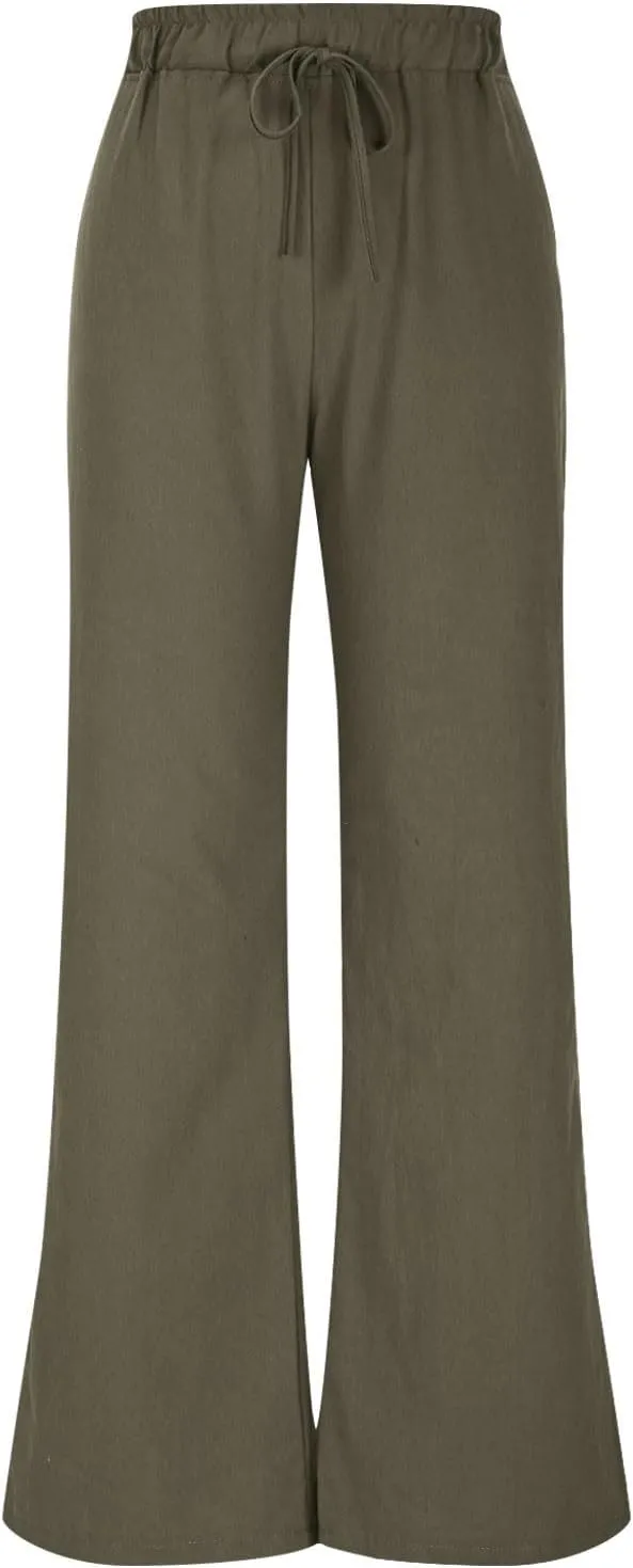 Women's Loose Wide Leg Casual Pant, Summer Cotton Linen Trendy Clothes Drawstring Pockets Basic Daily Trousers