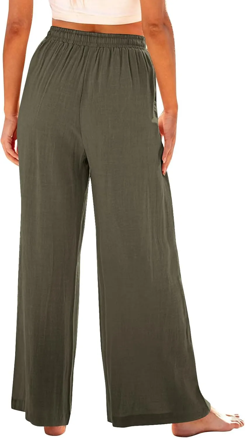 Women's Loose Wide Leg Casual Pant, Summer Cotton Linen Trendy Clothes Drawstring Pockets Basic Daily Trousers