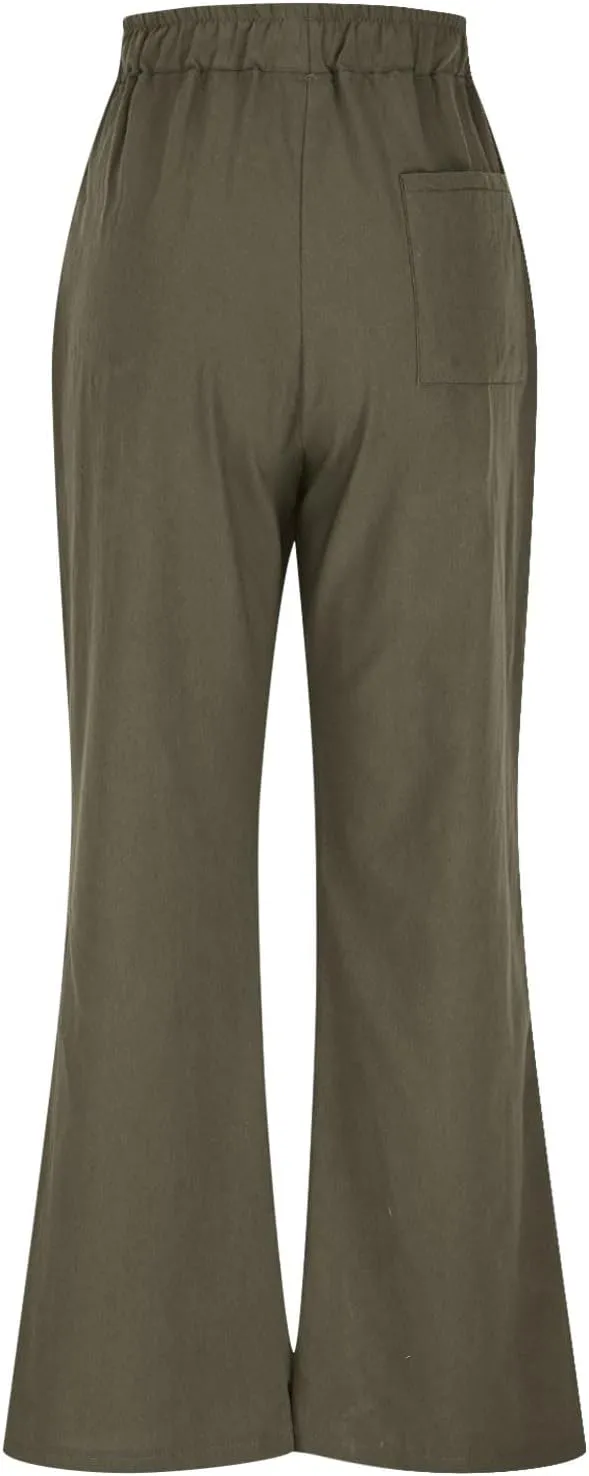 Women's Loose Wide Leg Casual Pant, Summer Cotton Linen Trendy Clothes Drawstring Pockets Basic Daily Trousers