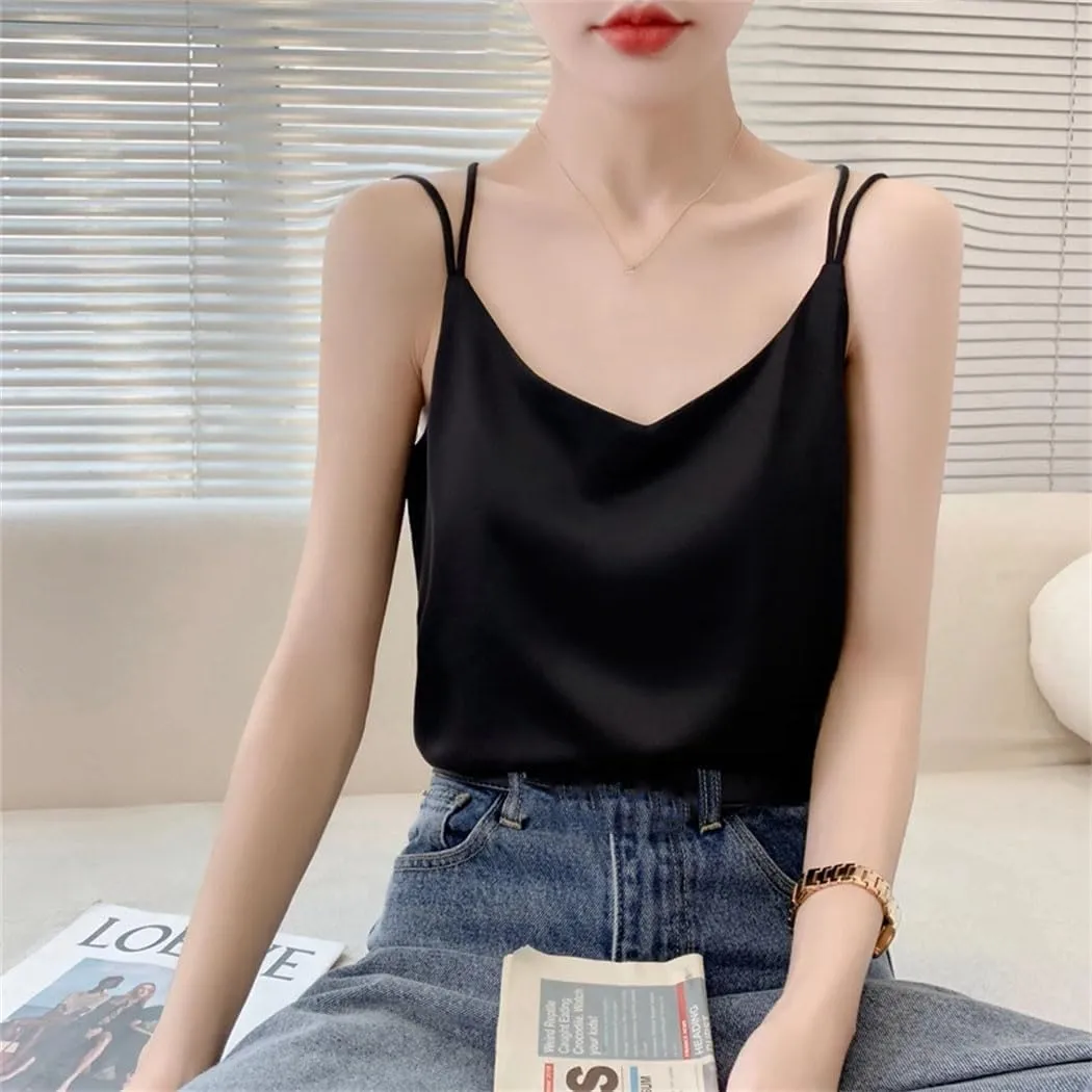 Women's Mulberry Silk Camisole Summer Thin Loose Sleeveless Tops Spaghetti Strap V Neck Backless Sexy Shirt