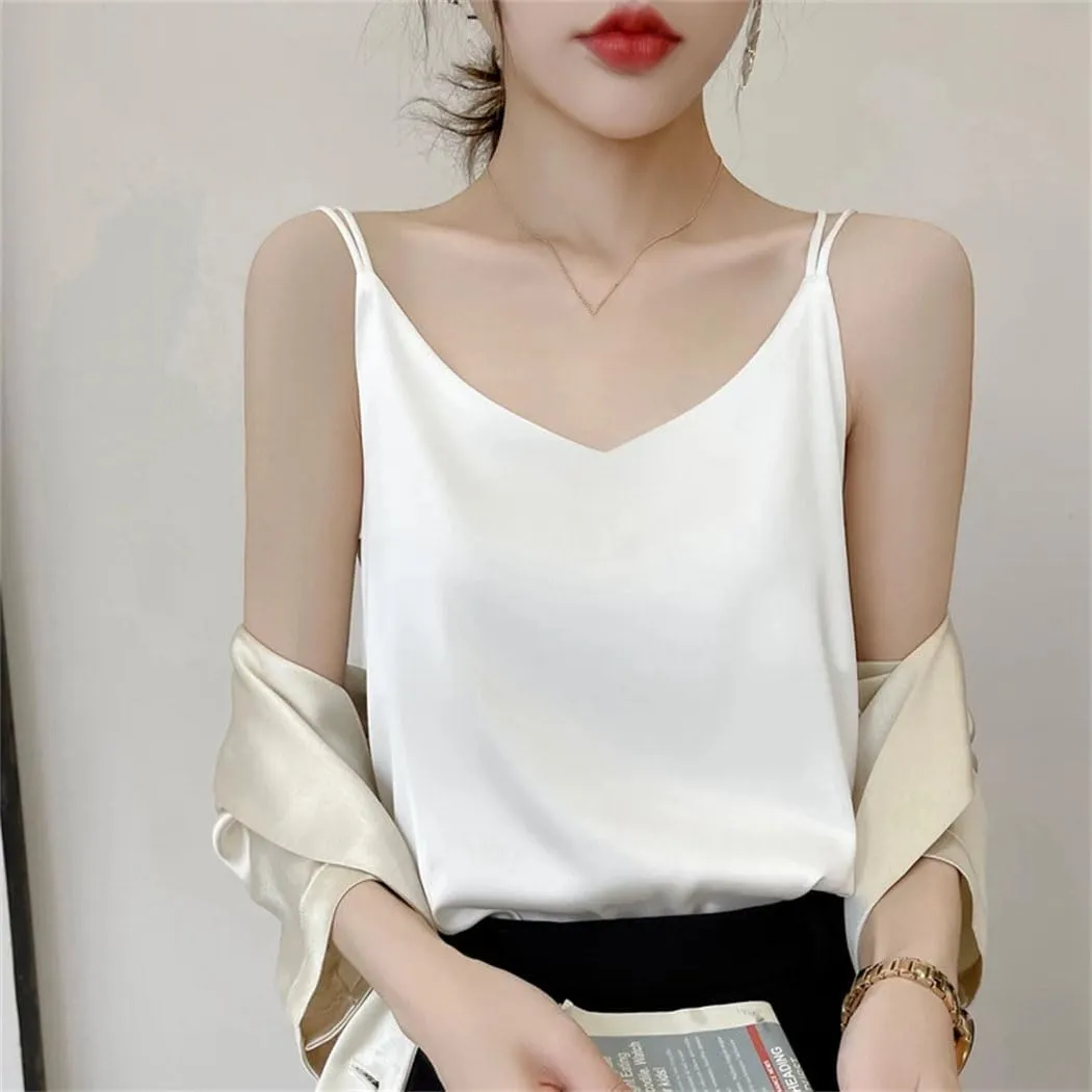 Women's Mulberry Silk Camisole Summer Thin Loose Sleeveless Tops Spaghetti Strap V Neck Backless Sexy Shirt