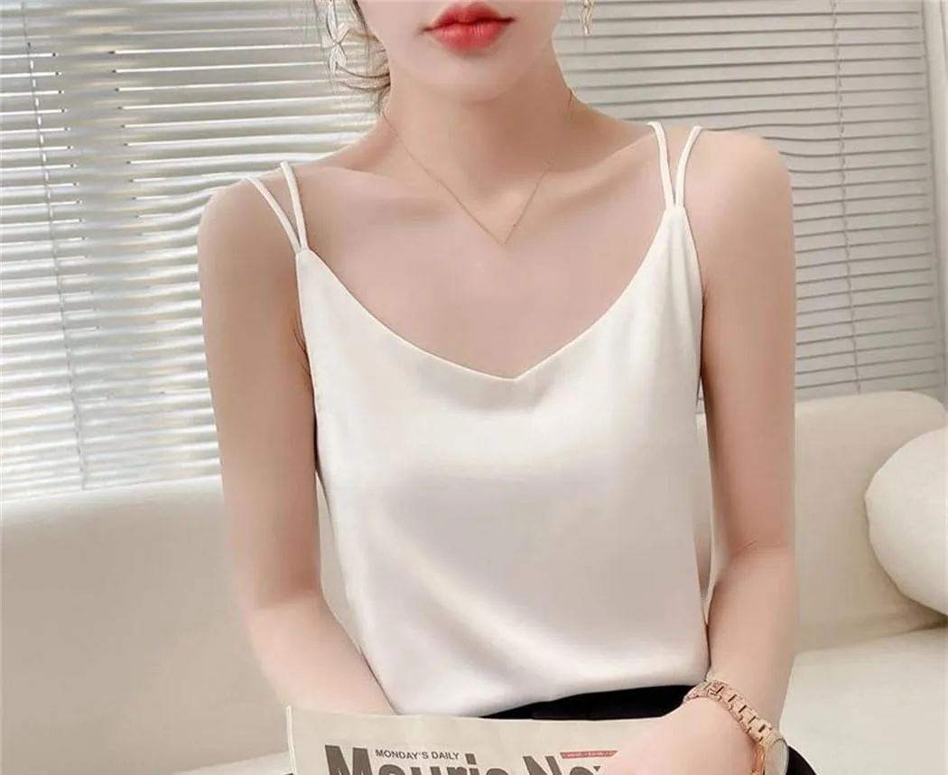 Women's Mulberry Silk Camisole Summer Thin Loose Sleeveless Tops Spaghetti Strap V Neck Backless Sexy Shirt