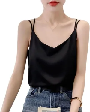 Women's Mulberry Silk Camisole Summer Thin Loose Sleeveless Tops Spaghetti Strap V Neck Backless Sexy Shirt