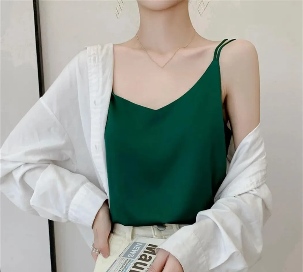 Women's Mulberry Silk Camisole Summer Thin Loose Sleeveless Tops Spaghetti Strap V Neck Backless Sexy Shirt