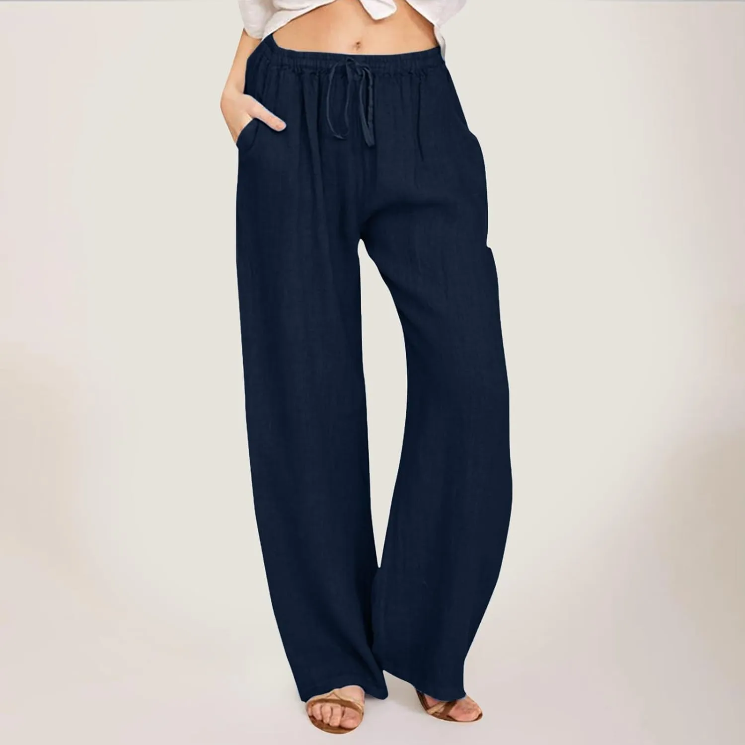 Women's Pants Summer Casual Plus Size Lightweight Straight Leg Drawstring Elastic Waist Loose Comfy Trousers with Pockets