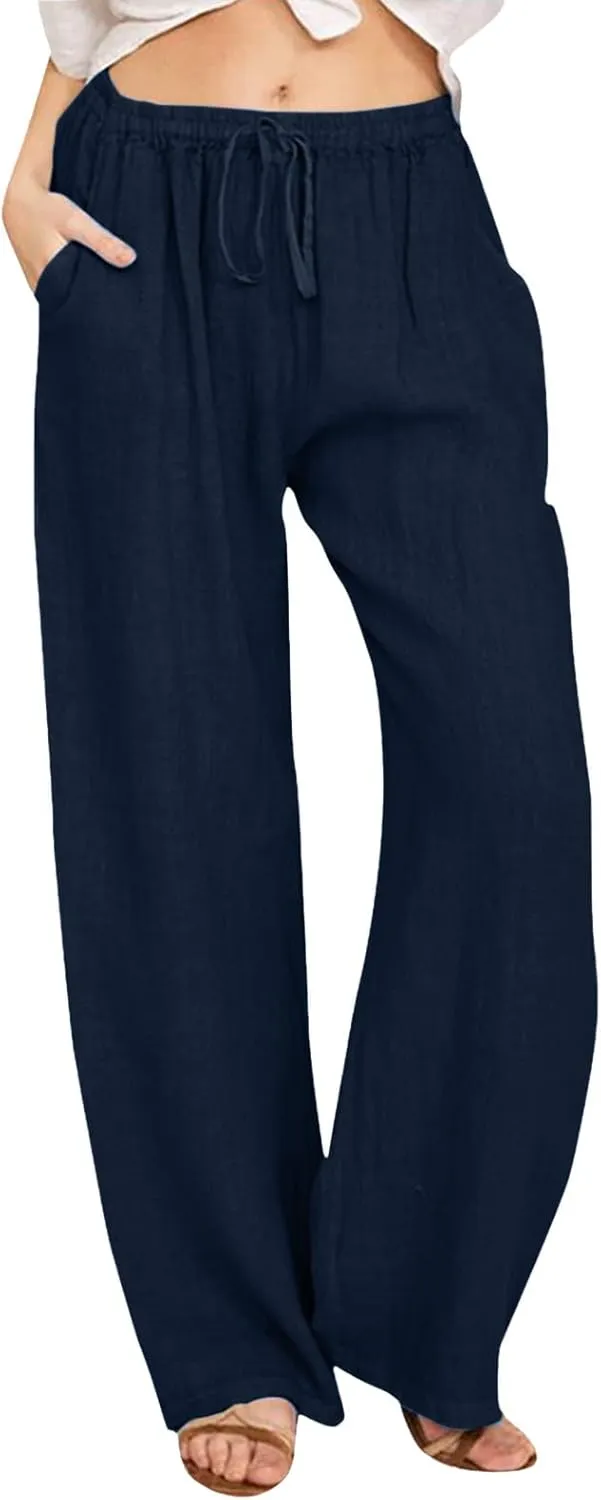 Women's Pants Summer Casual Plus Size Lightweight Straight Leg Drawstring Elastic Waist Loose Comfy Trousers with Pockets