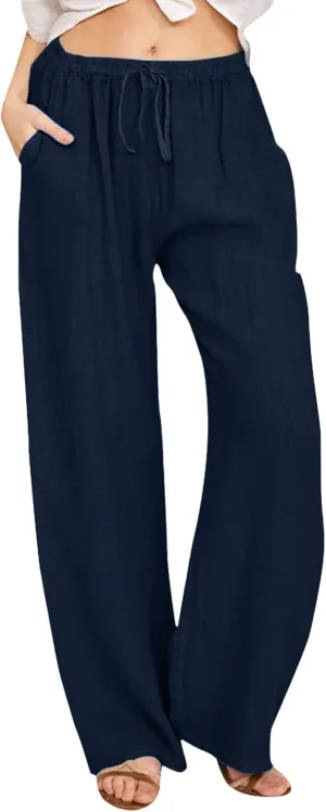Women's Pants Summer Casual Plus Size Lightweight Straight Leg Drawstring Elastic Waist Loose Comfy Trousers with Pockets