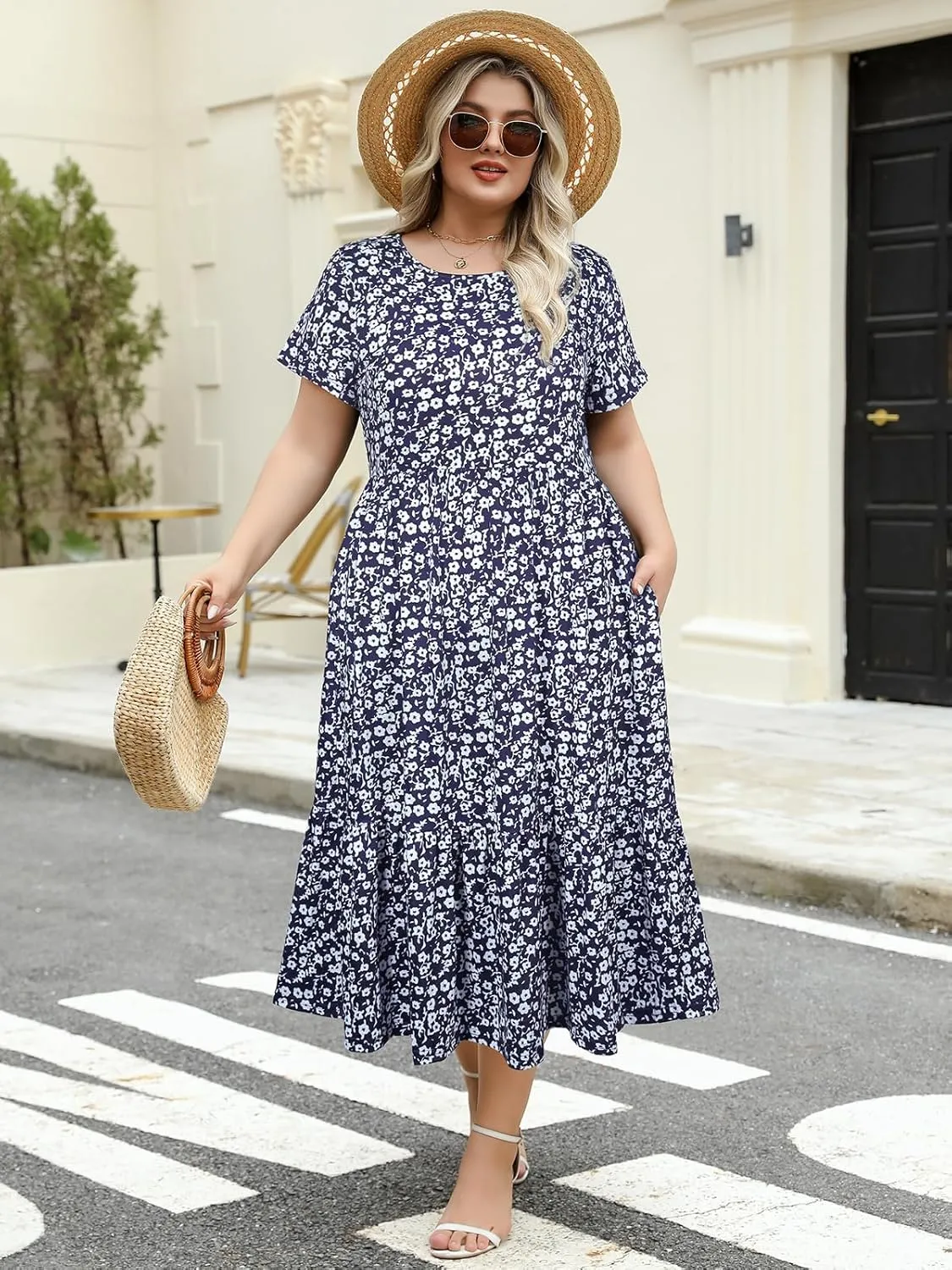 Women's Plus Size Midi Casual Dress with Pockets 1X-4X Tiered Short Sleeve Relax Fit Crewneck Summer Dresses