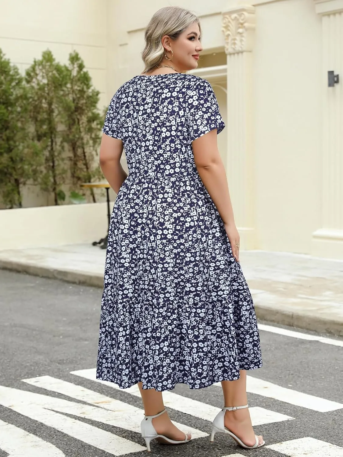 Women's Plus Size Midi Casual Dress with Pockets 1X-4X Tiered Short Sleeve Relax Fit Crewneck Summer Dresses