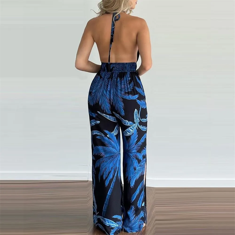 Womens Sexy Backless Sleeveless Halter Jumpsuit Tank Tops High Waist Long Pants Wide Legs Rompers