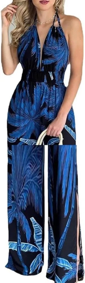 Womens Sexy Backless Sleeveless Halter Jumpsuit Tank Tops High Waist Long Pants Wide Legs Rompers