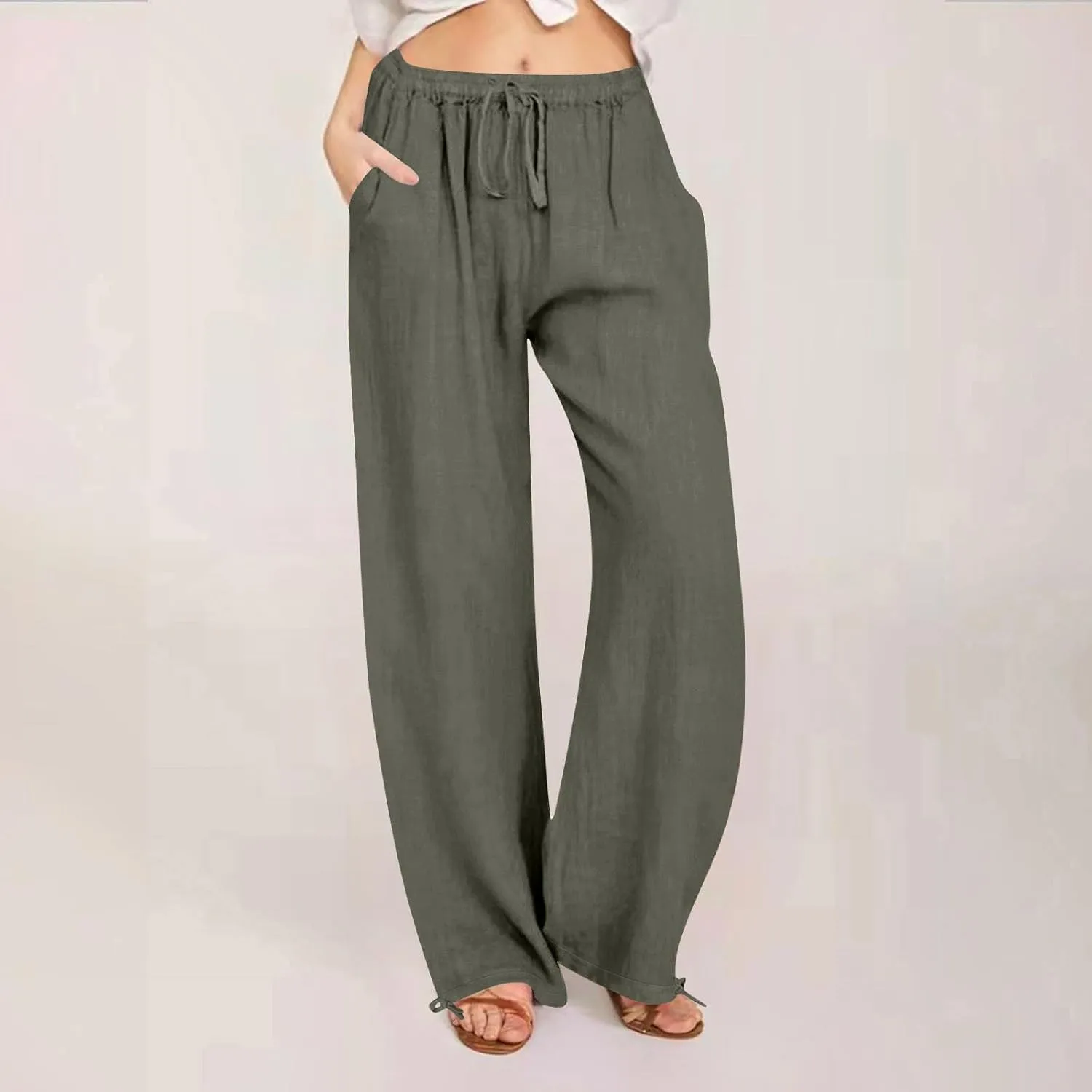 Women's Summer Drawstring Waist Wide Leg Loose Cotton Linen Palazzo Pants Drawstring Casual Trousers Plus Size